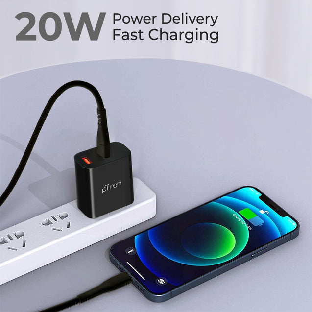 pTron Volta FC15 20W Dual Port USB & Type-C (PD) Fast Charger, BIS Certified Wall Adapter for iPhone 12/12 Pro/12 Mini/12 Pro Max/11/XS/XR/X/8/Plus, iPad Pro, Galaxy 10/9/8 (Cable Not Included, Black)