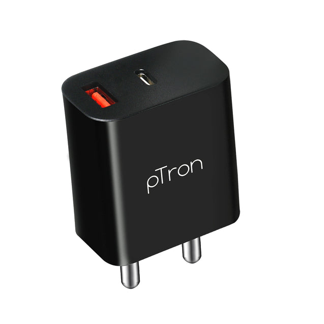 pTron Volta FC15 20W Dual Port USB & Type-C (PD) Fast Charger, BIS Certified Wall Adapter for iPhone 12/12 Pro/12 Mini/12 Pro Max/11/XS/XR/X/8/Plus, iPad Pro, Galaxy 10/9/8 (Cable Not Included, Black)