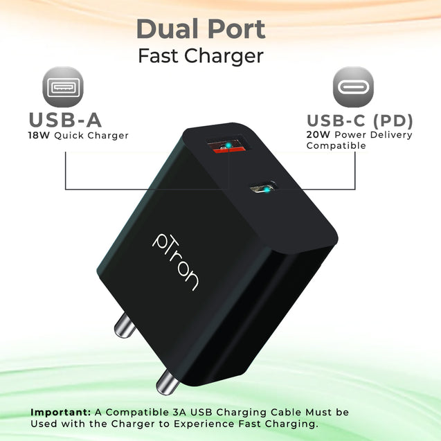 pTron Volta FC15 20W Dual Port USB & Type-C (PD) Fast Charger, BIS Certified Wall Adapter for iPhone 12/12 Pro/12 Mini/12 Pro Max/11/XS/XR/X/8/Plus, iPad Pro, Galaxy 10/9/8 (Cable Not Included, Black)