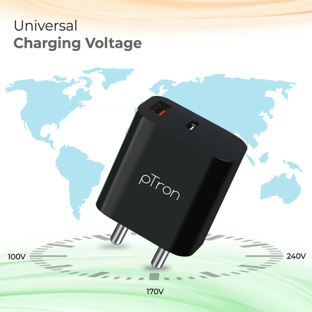 pTron Volta FC15 20W Dual Port USB & Type-C (PD) Fast Charger, BIS Certified Wall Adapter for iPhone 12/12 Pro/12 Mini/12 Pro Max/11/XS/XR/X/8/Plus, iPad Pro, Galaxy 10/9/8 (Cable Not Included, Black)