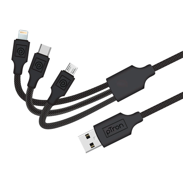 pTron Solero 331 3.4Amps Multifunction Fast Charging Cable, 3-in-1 USB Cable (Black)