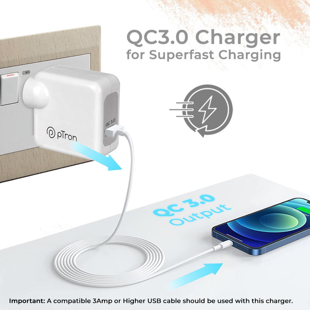 pTron Volta FC16 30W QC3.0 Smart USB Charger Compatible with OnePlus Nord CE/10Pro/N100/N10/9/9 Pro/8Pro/8/7T/7T, Made in India Fast Charging Adapter for All iOs/Type-C Devices (Adapter Only) White