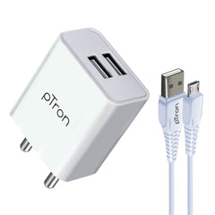 pTron Volta Dual Port 12W Smart USB Charger Adapter with 2.4A 1M Micro USB Cable, Multi-Layer Protection, Made in India, BIS Certified, Fast Charging Adaptor for All iOS & Android Devices (White)