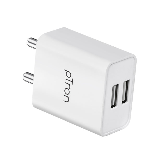pTron Volta Dual Port 12W Smart USB Charger Adapter with 2.4A 1M Micro USB Cable, Multi-Layer Protection, Made in India, BIS Certified, Fast Charging Adaptor for All iOS & Android Devices (White)