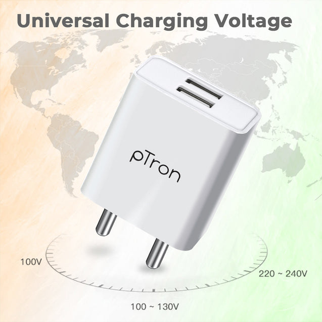 pTron Volta Dual Port 12W Smart USB Charger Adapter with 2.4A 1M Micro USB Cable, Multi-Layer Protection, Made in India, BIS Certified, Fast Charging Adaptor for All iOS & Android Devices (White)