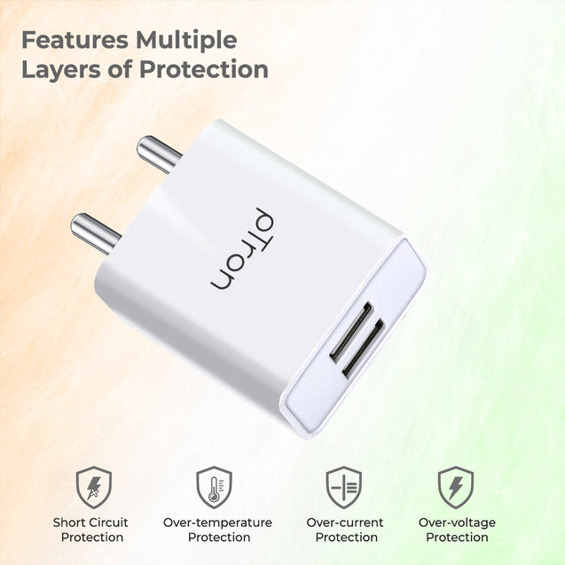 pTron Volta Dual Port 12W Smart USB Charger Adapter with 2.4A 1M Micro USB Cable, Multi-Layer Protection, Made in India, BIS Certified, Fast Charging Adaptor for All iOS & Android Devices (White)