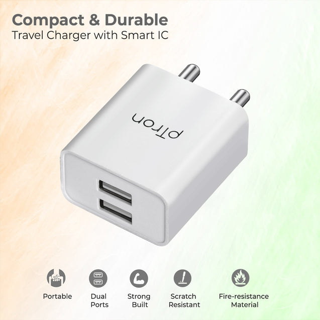pTron Volta Dual Port 12W Smart USB Charger Adapter with 2.4A 1M Micro USB Cable, Multi-Layer Protection, Made in India, BIS Certified, Fast Charging Adaptor for All iOS & Android Devices (White)