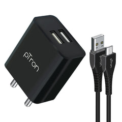 pTron Volta Dual Port 12W Smart USB Charger Adapter with 2.4A 1M Micro USB Cable, Multi-Layer Protection, Made in India, BIS Certified, Fast Charging Adaptor for All iOS & Android Devices (Black)