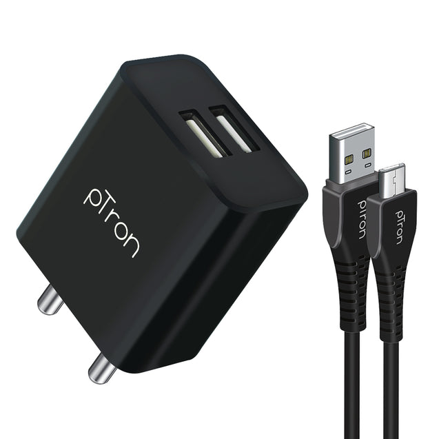 pTron Volta Dual Port 12W Smart USB Charger Adapter with 2.4A 1M Micro USB Cable, Multi-Layer Protection, Made in India, BIS Certified, Fast Charging Adaptor for All iOS & Android Devices (Black)