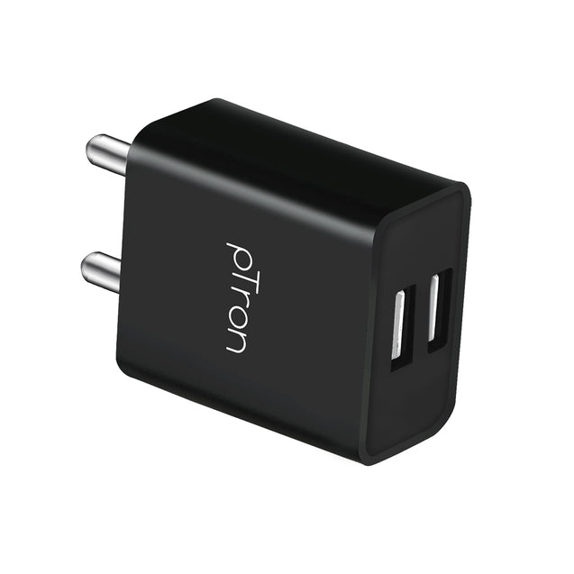 pTron Volta Dual Port 12W Smart USB Charger Adapter with 2.4A 1M Micro USB Cable, Multi-Layer Protection, Made in India, BIS Certified, Fast Charging Adaptor for All iOS & Android Devices (Black)