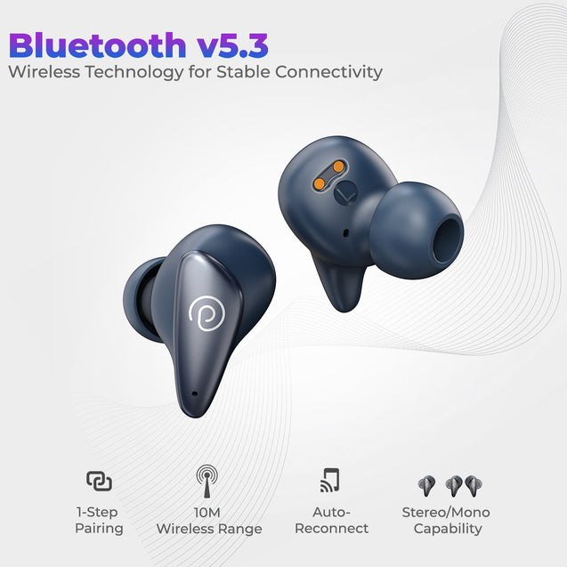 pTron Bassbuds Wave with TruTalk AI-ENC Calls, Movie/Music Modes, Deep Bass, BT5.3 Wireless Headphones, 40Hrs Combined Playtime, in-Ear TWS Earbuds, Touch Control, Type-C Fast Charging & IPX4 (Blue)