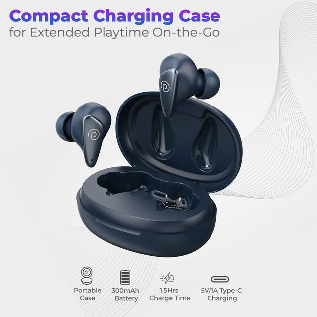 pTron Bassbuds Wave with TruTalk AI-ENC Calls, Movie/Music Modes, Deep Bass, BT5.3 Wireless Headphones, 40Hrs Combined Playtime, in-Ear TWS Earbuds, Touch Control, Type-C Fast Charging & IPX4 (Blue)