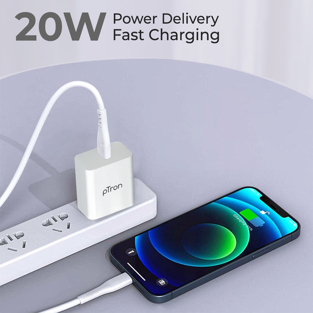 pTron Volta FC14 20W Fast PD/Type-C Charger Adapter with Type-C 1m Cable, Fast Charging for iPhone 12/12 Pro/12 Mini/12 Pro Max/11/XS/XR/X/8/Plus, iPad Pro/Air/Mini, Galaxy 10/9/8 (Charger Only, White)