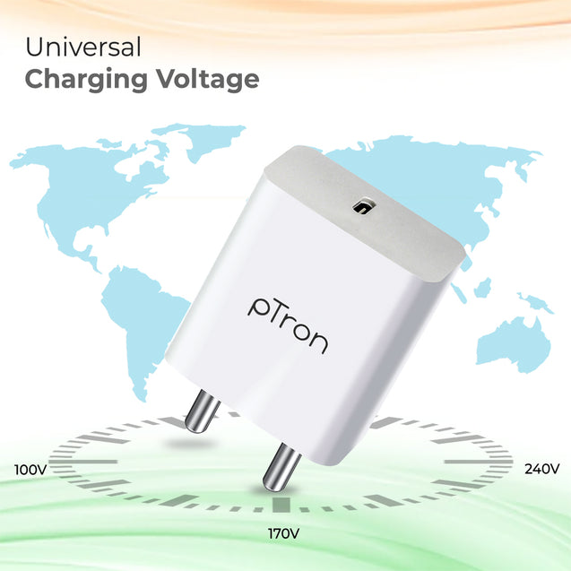 pTron Volta FC14 20W Fast PD/Type-C Charger Adapter with Type-C 1m Cable, Fast Charging for iPhone 12/12 Pro/12 Mini/12 Pro Max/11/XS/XR/X/8/Plus, iPad Pro/Air/Mini, Galaxy 10/9/8 (Charger Only, White)