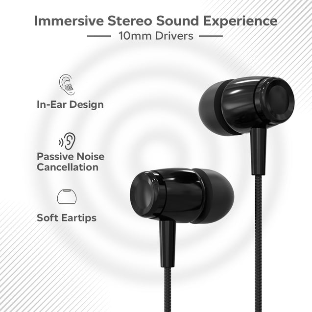 pTron Pride Indie in-Ear Wired Earphones with Mic, Stereo Sound, 10mm Drivers, Snug-fit Design, Passive Noise Cancellation, in-line Controls, Universal 3.5mm Aux & 1.2m Tange-Free Cable (Black)