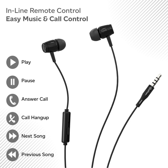 pTron Pride Indie in-Ear Wired Earphones with Mic, Stereo Sound, 10mm Drivers, Snug-fit Design, Passive Noise Cancellation, in-line Controls, Universal 3.5mm Aux & 1.2m Tange-Free Cable (Black)