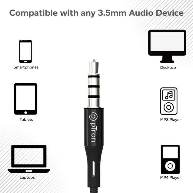 pTron Pride Indie in-Ear Wired Earphones with Mic, Stereo Sound, 10mm Drivers, Snug-fit Design, Passive Noise Cancellation, in-line Controls, Universal 3.5mm Aux & 1.2m Tange-Free Cable (Black)