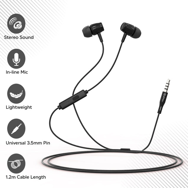 pTron Pride Indie in-Ear Wired Earphones with Mic, Stereo Sound, 10mm Drivers, Snug-fit Design, Passive Noise Cancellation, in-line Controls, Universal 3.5mm Aux & 1.2m Tange-Free Cable (Black)