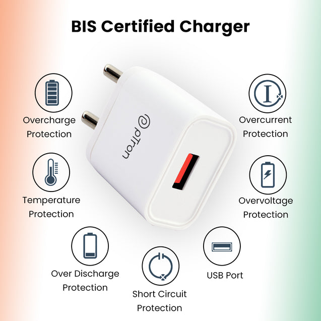 pTron Volta 12W Single Port USB Fast Charger, BIS Certified, Made in India Wall Charger Adapter, Universal Compatibility (Cable Not Included, White)