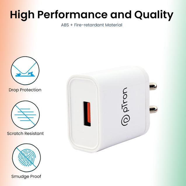 pTron Volta 12W Single Port USB Fast Charger, BIS Certified, Made in India Wall Charger Adapter, Universal Compatibility (Cable Not Included, White)