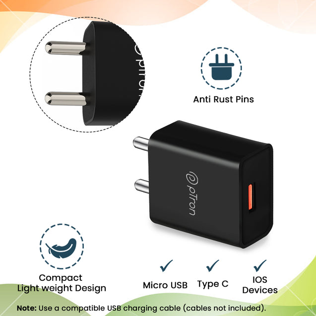 pTron Volta 12W Single Port USB Fast Charger, BIS Certified, Made in India Wall Charger Adapter, Universal Compatibility (Cable Not Included, Black)