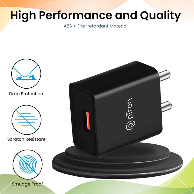 pTron Volta 12W Single Port USB Fast Charger, BIS Certified, Made in India Wall Charger Adapter, Universal Compatibility (Cable Not Included, Black)