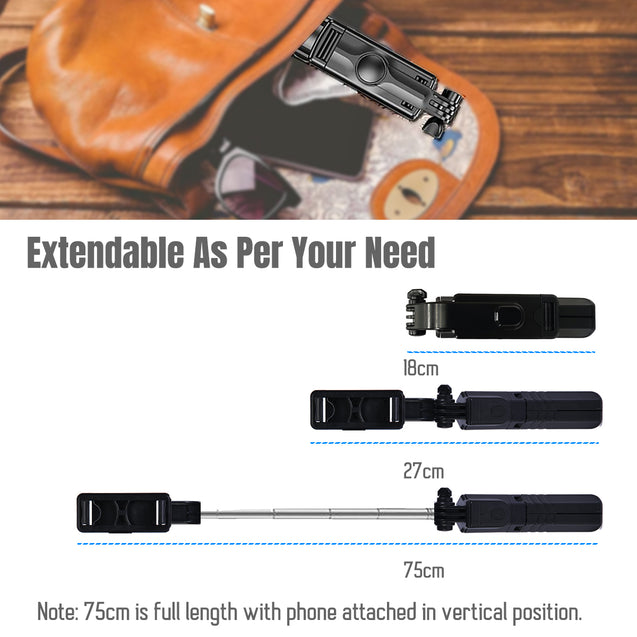 pTron Glam Extendable Selfie Stick with Bluetooth Remote & Tripod Stand, 75cm Extended Length, for 6.5 to 9.5cm Width Phones, Lightweight & Potable, Rotatable & Adjustable Bracket (Black)