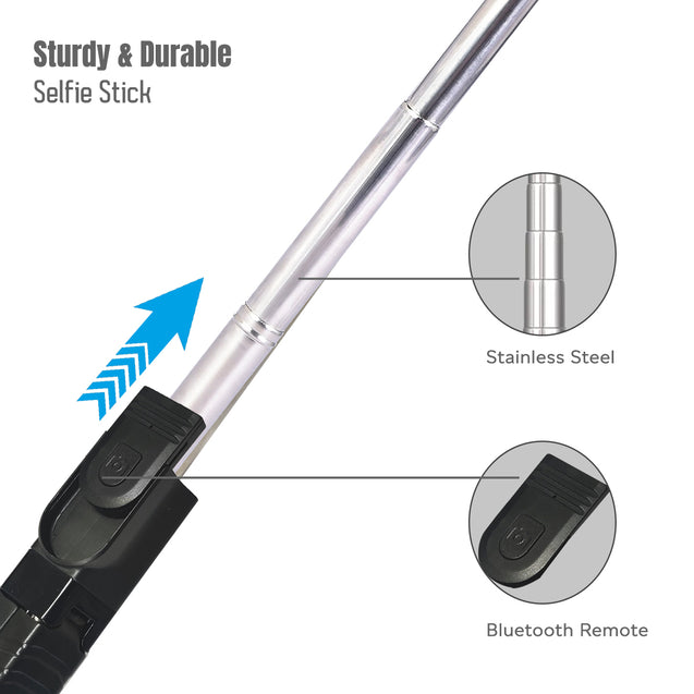 pTron Glam Extendable Selfie Stick with Bluetooth Remote & Tripod Stand, 75cm Extended Length, for 6.5 to 9.5cm Width Phones, Lightweight & Potable, Rotatable & Adjustable Bracket (Black)