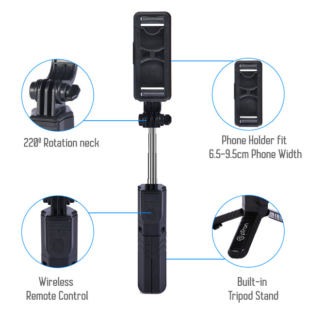 pTron Glam Extendable Selfie Stick with Bluetooth Remote & Tripod Stand, 75cm Extended Length, for 6.5 to 9.5cm Width Phones, Lightweight & Potable, Rotatable & Adjustable Bracket (Black)