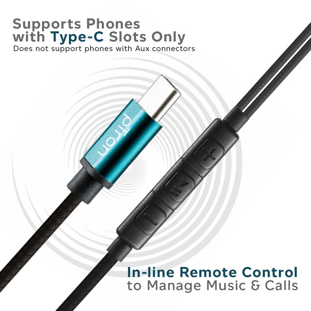 pTron Pride Marvel in-Ear Wired Earphones with Mic, Type-C Audio Connector, Immersive Stereo Sound with Deep Bass, 14mm Large Dynamic Drivers & 1.2M Nylon Braided Cable (Blue & Black)
