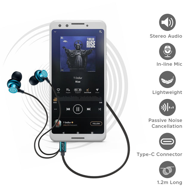 pTron Pride Marvel in-Ear Wired Earphones with Mic, Type-C Audio Connector, Immersive Stereo Sound with Deep Bass, 14mm Large Dynamic Drivers & 1.2M Nylon Braided Cable (Blue & Black)