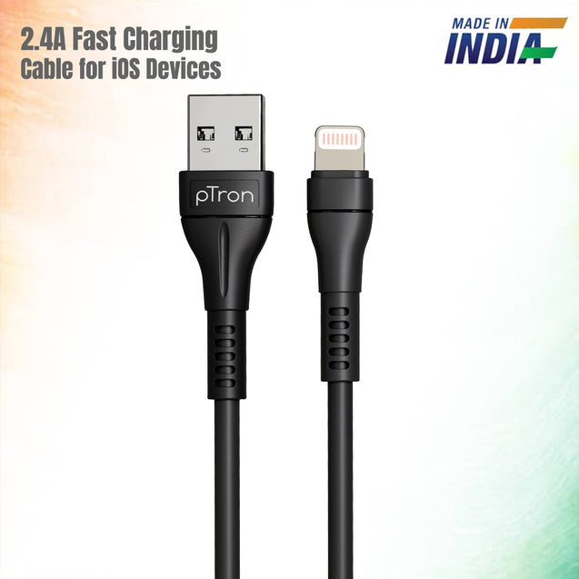 pTron Solero i241 1meter 2.4A Lighting to USB Fast Charging Data & Sync USB Cable Compatible for iPhone/iPad, Made in India Durable & Tangle-Free Charging Cable (Black)