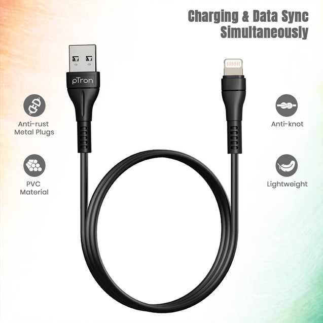 pTron Solero i241 1meter 2.4A Lighting to USB Fast Charging Data & Sync USB Cable Compatible for iPhone/iPad, Made in India Durable & Tangle-Free Charging Cable (Black)