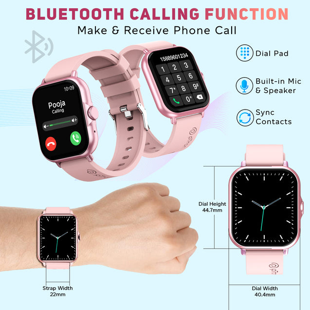 pTron Force X12N Bluetooth Calling Smartwatch, 1.85" Full Touch Display, Heart Rate Check, SpO2, Watch Faces, Voice Assistance, Inbuilt Games, 5 Days Battery & IP68 Waterproof (Pink)