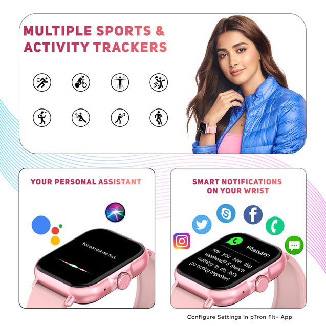 pTron Force X12N Bluetooth Calling Smartwatch, 1.85" Full Touch Display, Heart Rate Check, SpO2, Watch Faces, Voice Assistance, Inbuilt Games, 5 Days Battery & IP68 Waterproof (Pink)