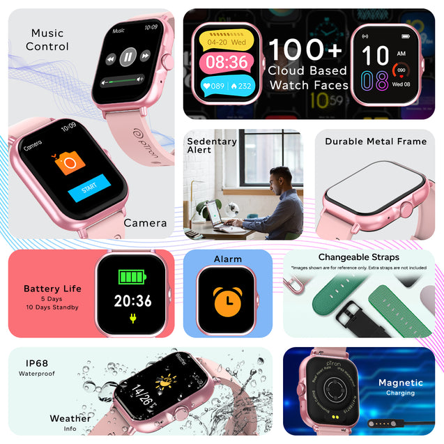 pTron Force X12N Bluetooth Calling Smartwatch, 1.85" Full Touch Display, Heart Rate Check, SpO2, Watch Faces, Voice Assistance, Inbuilt Games, 5 Days Battery & IP68 Waterproof (Pink)