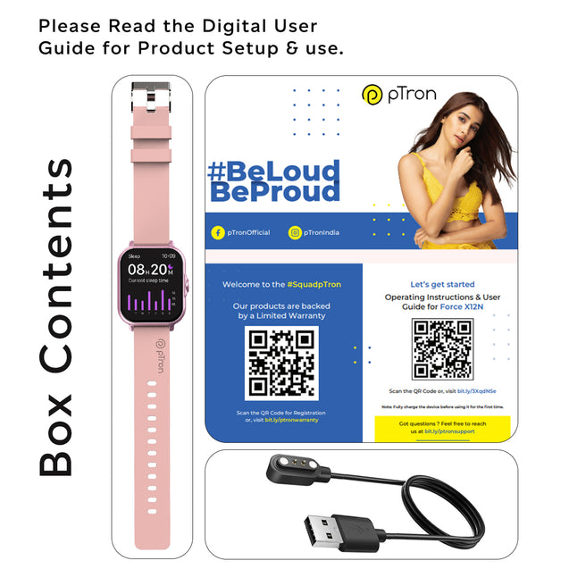 pTron Force X12N Bluetooth Calling Smartwatch, 1.85" Full Touch Display, Heart Rate Check, SpO2, Watch Faces, Voice Assistance, Inbuilt Games, 5 Days Battery & IP68 Waterproof (Pink)