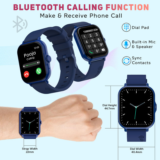 pTron Force X12N Bluetooth Calling Smartwatch, 1.85" Full Touch Display, Heart Rate Check, SpO2, Watch Faces, Voice Assistance, Inbuilt Games, 5 Days Battery & IP68 Waterproof (Blue)