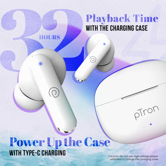 pTron Bassbuds Air In-Ear TWS Earbuds with 13mm Driver for Immersive Sound, 32Hrs Playtime, Clear Calls, Bluetooth V5.1, Touch Control, TypeC Fast Charging, Voice Assist & IPX4 Water Resistant (White)