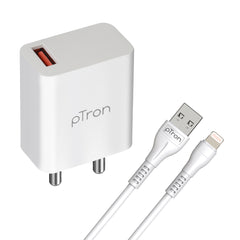 pTron Volta FC12 20W QC3.0 Smart USB Charger with 1m iOS USB Cable, Made in India, Auto-detect Technology, Multi-Layer Protection Travel Adapter, Fast Charging Power Adaptor for iOS Devices (White)
