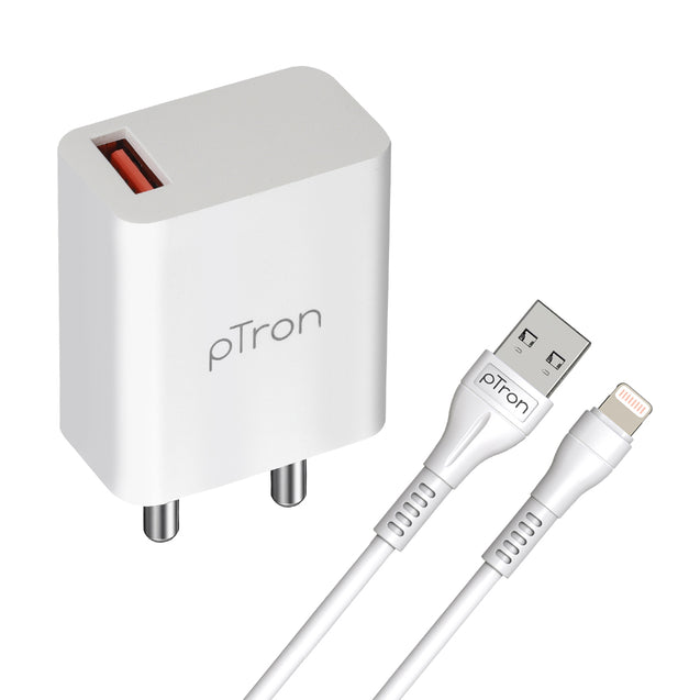 pTron Volta FC12 20W QC3.0 Smart USB Charger with 1m iOS USB Cable, Made in India, Auto-detect Technology, Multi-Layer Protection Travel Adapter, Fast Charging Power Adaptor for iOS Devices (White)