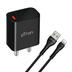 pTron Volta FC12 20W QC3.0 Smart USB Charger with 1m iOS USB Cable, Made in India, Auto-detect Technology, Multi-Layer Protection Travel Adapter, Fast Charging Power Adaptor for iOS Devices (Black)
