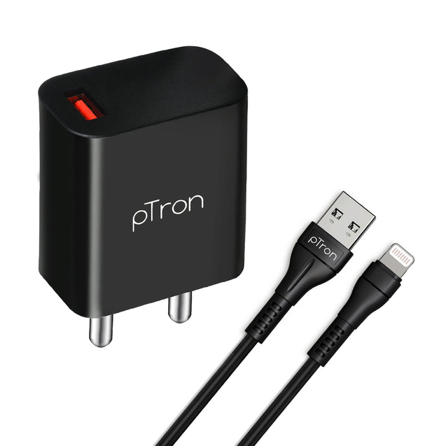 pTron Volta FC12 20W QC3.0 Smart USB Charger with 1m iOS USB Cable, Made in India, Auto-detect Technology, Multi-Layer Protection Travel Adapter, Fast Charging Power Adaptor for iOS Devices (Black)