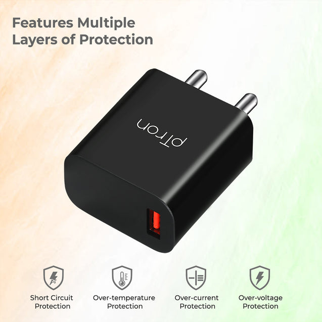 pTron Volta FC12 20W QC3.0 Smart USB Charger with 1m iOS USB Cable, Made in India, Auto-detect Technology, Multi-Layer Protection Travel Adapter, Fast Charging Power Adaptor for iOS Devices (Black)