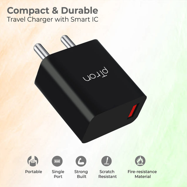 pTron Volta FC12 20W QC3.0 Smart USB Charger with 1m iOS USB Cable, Made in India, Auto-detect Technology, Multi-Layer Protection Travel Adapter, Fast Charging Power Adaptor for iOS Devices (Black)