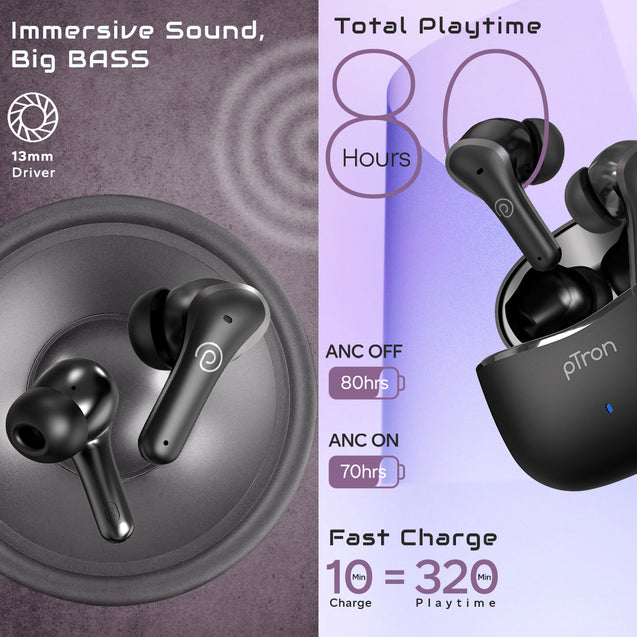 pTron Zenbuds Pro1 Max ANC Earbuds with 30dB Active Noise Cancellation, 80Hrs Playtime, Quad Mic ENC Calls, 13mm Deep Bass Drivers, Bluetooth 5.3 Wireless Headphones, Type-C Fast Charging &amp; IPX5 Water Resistant (Black)