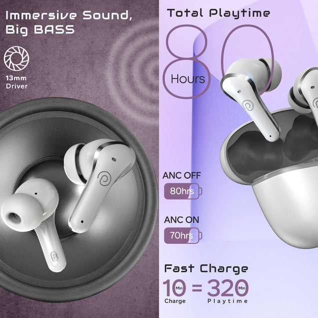 pTron Zenbuds Pro1 Max ANC Earbuds with 30dB Active Noise Cancellation, 80Hrs Playtime, Quad Mic ENC Calls, 13mm Deep Bass Drivers, Bluetooth 5.3 Wireless Headphones, Type-C Fast Charging &amp; IPX5 Water Resistant (White)