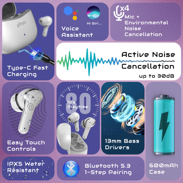 pTron Zenbuds Pro1 Max ANC Earbuds with 30dB Active Noise Cancellation, 80Hrs Playtime, Quad Mic ENC Calls, 13mm Deep Bass Drivers, Bluetooth 5.3 Wireless Headphones, Type-C Fast Charging &amp; IPX5 Water Resistant (White)