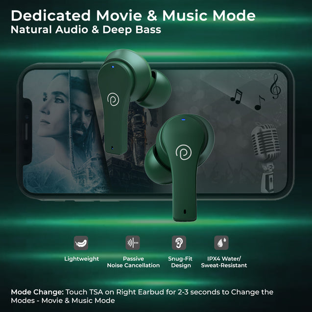 pTron Bassbuds Tango in-Ear TWS Earbuds, TruTalk AI-ENC Calls, Movie Mode, 40Hrs Playtime, Bluetooth 5.1 Headphone with HD Mics, Touch Control, IPX4 Water-Resistant & Type-C Fast Charging (Green)