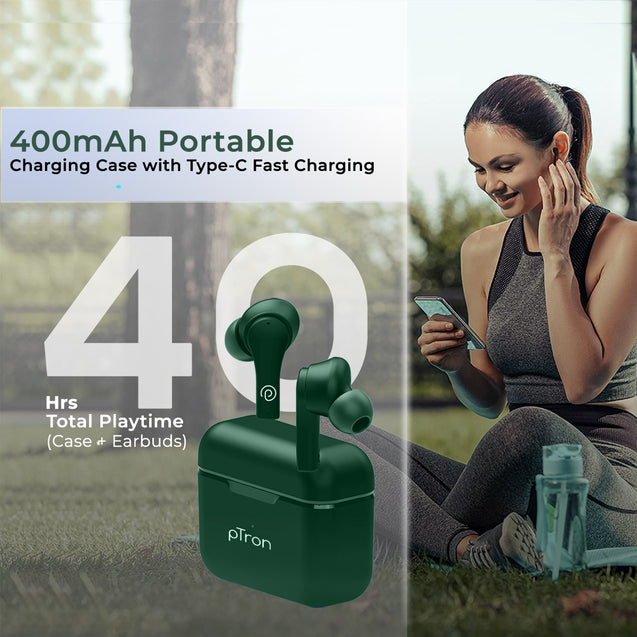 pTron Bassbuds Tango in-Ear TWS Earbuds, TruTalk AI-ENC Calls, Movie Mode, 40Hrs Playtime, Bluetooth 5.1 Headphone with HD Mics, Touch Control, IPX4 Water-Resistant & Type-C Fast Charging (Green)